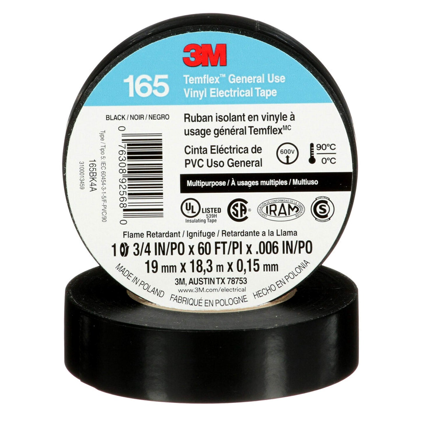 3M Temflex Vinyl Electrical Tape 165, Black, 3/4 in x 60 ft (19 mm x 18 m), 6 mil, 100 Rolls/Case