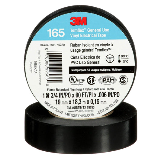 3M Temflex Vinyl Electrical Tape 165, Black, 3/4 in x 60 ft (19 mm x 18 m), 6 mil, 100 Rolls/Case