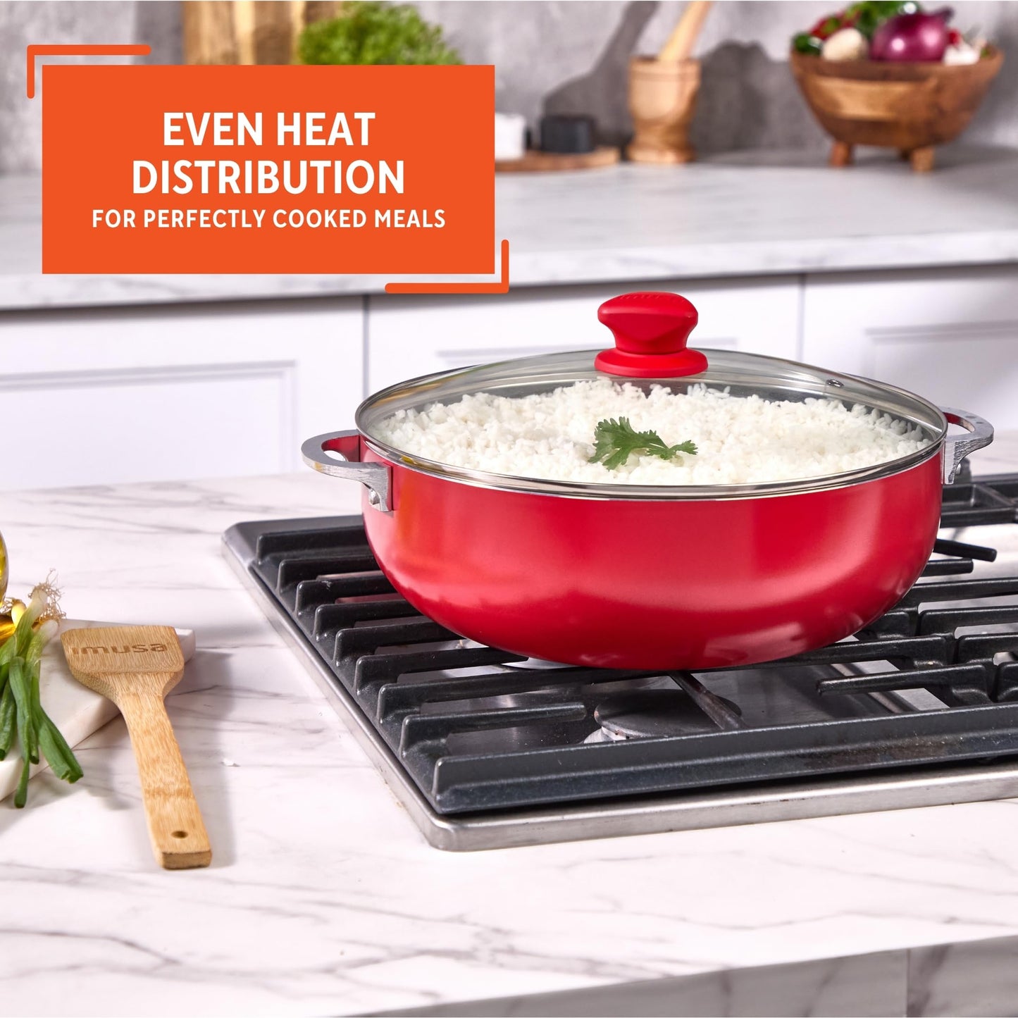 IMUSA 6.9 Qt Large Red Aluminum Dutch Oven Caldero with Black Ceramic Nonstick & Glass Lid – Big Rice, Stew, Cooking Pot for Soups, Beans, Braising & Traditional Hispanic Recipes