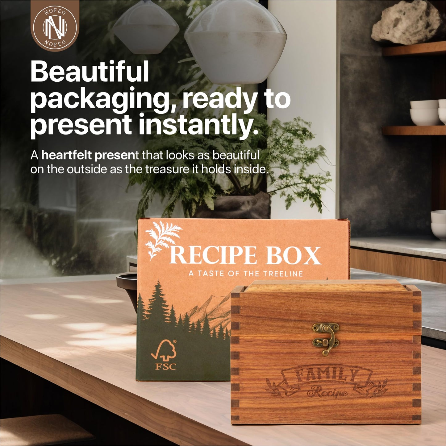 NOFEO Premium Acacia Recipe Box - 100 Double-Sided Cards, Phone Stand & 9 Wooden Dividers | Handcrafted Kitchen Recipe Organizer with Wood Conversion Card | Beautiful Rustic 4x6 Recipe Holder