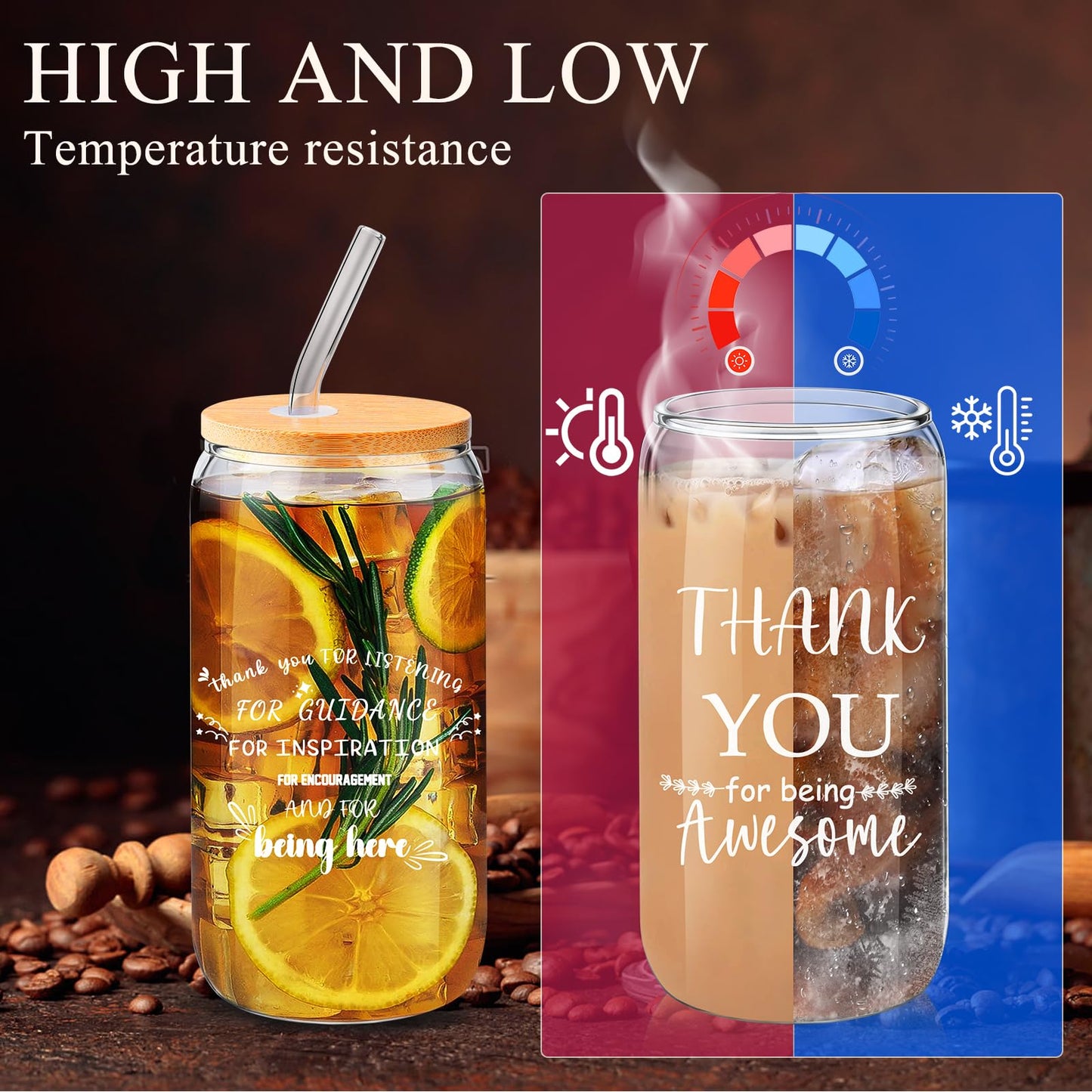 BHHQHH 12 Sets Employee Appreciation Gifts Team Thank You Gifts for Staff Coworker Inspirational and Motivational Glass Cups 16 oz Can Shaped Beer Glass with Lids Straws Brushes