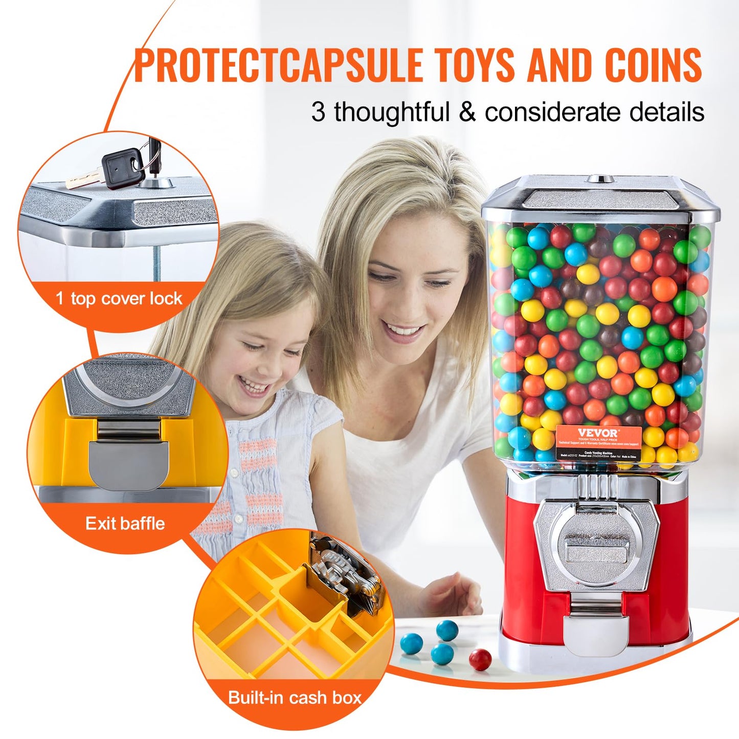VEVOR Gumball Machine for Kids, 17"H Home Candy Vending Machine, PC Gumball Dispenser, Bubble Gum Machine for Game Stores, Coin Operated Gumball Bank for Toy Capsules Bouncy Balls Candy, Red