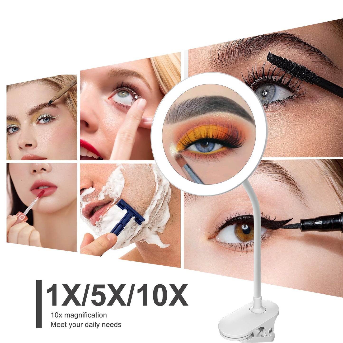yngtoue 6.5" Clip on Vanity Makeup Mirror with Light, gooseneck Travel 5X Magnifying Mirror,USB Recharge (White 5X)