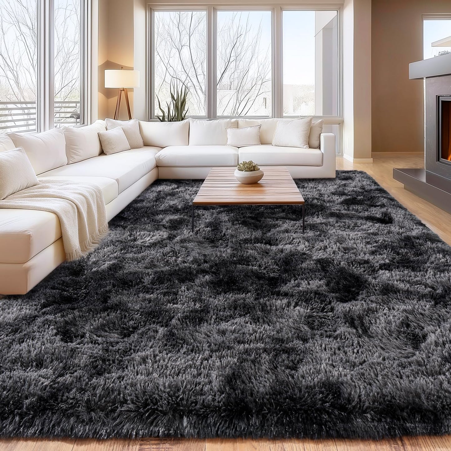 Isdook Shaggy Area Rugs, Fuzzy Rugs for Living Room, Soft Nursery Area Rug for Girls, Tie Dye Black Gray Plush Area Rugs Non Slip, Fluffy Rug Carpet 8x10ft