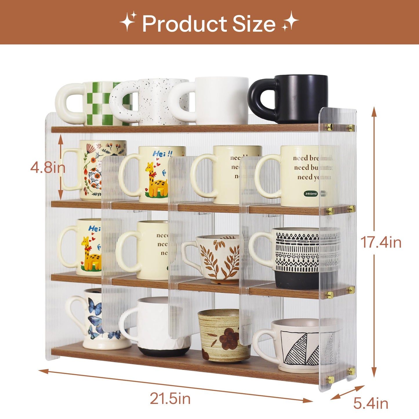 KAOTGOT Coffee Mug Holder Wooden Cup Station Organizer 4-Tier Cup Holder for Coffee Bar Mug Display Rack for Countertop Mug Holder Shelf for Home Kitchen Nut Brown