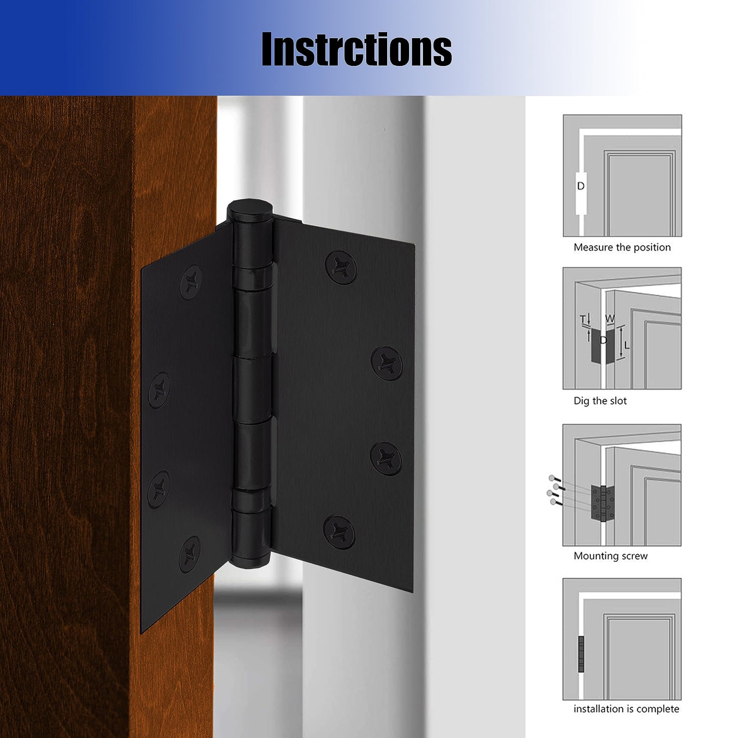 6-Pack 4.5 X 4.5 inch Black Heavy Duty Commercial Door Hinges Thickened, Silent Plain Steel Ball Bearing Door Hinges, Thickness 3 mm Stainless Steel Square Corners with 48 Screws