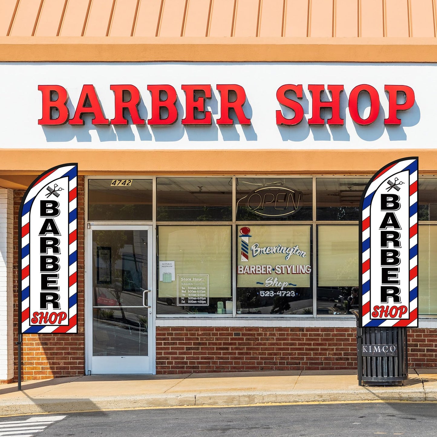 VitalCozy 2 Set Barber Flag Barbershop Themed Swooper Flag Banner with Pole Kit Open Feather Barber Sign for Salon Business Advertising Outdoor Outside(7 ft)