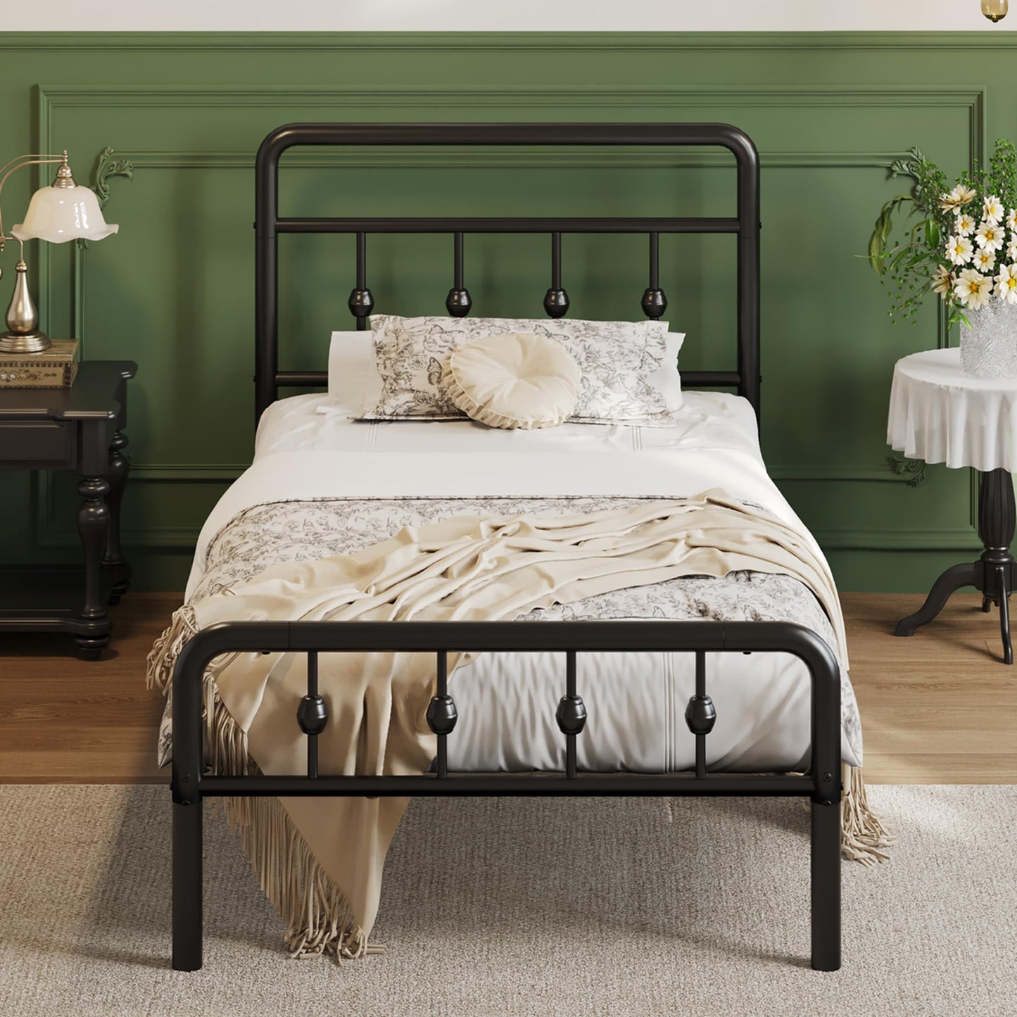 Lutown-Teen 12 Inch Twin Bed Frames with Victorian Vintage Headboard and Footboard, No Box Spring Needed, Heavy Duty Metal Mattress Foundation, Noise Free, Easy Assembly, Black