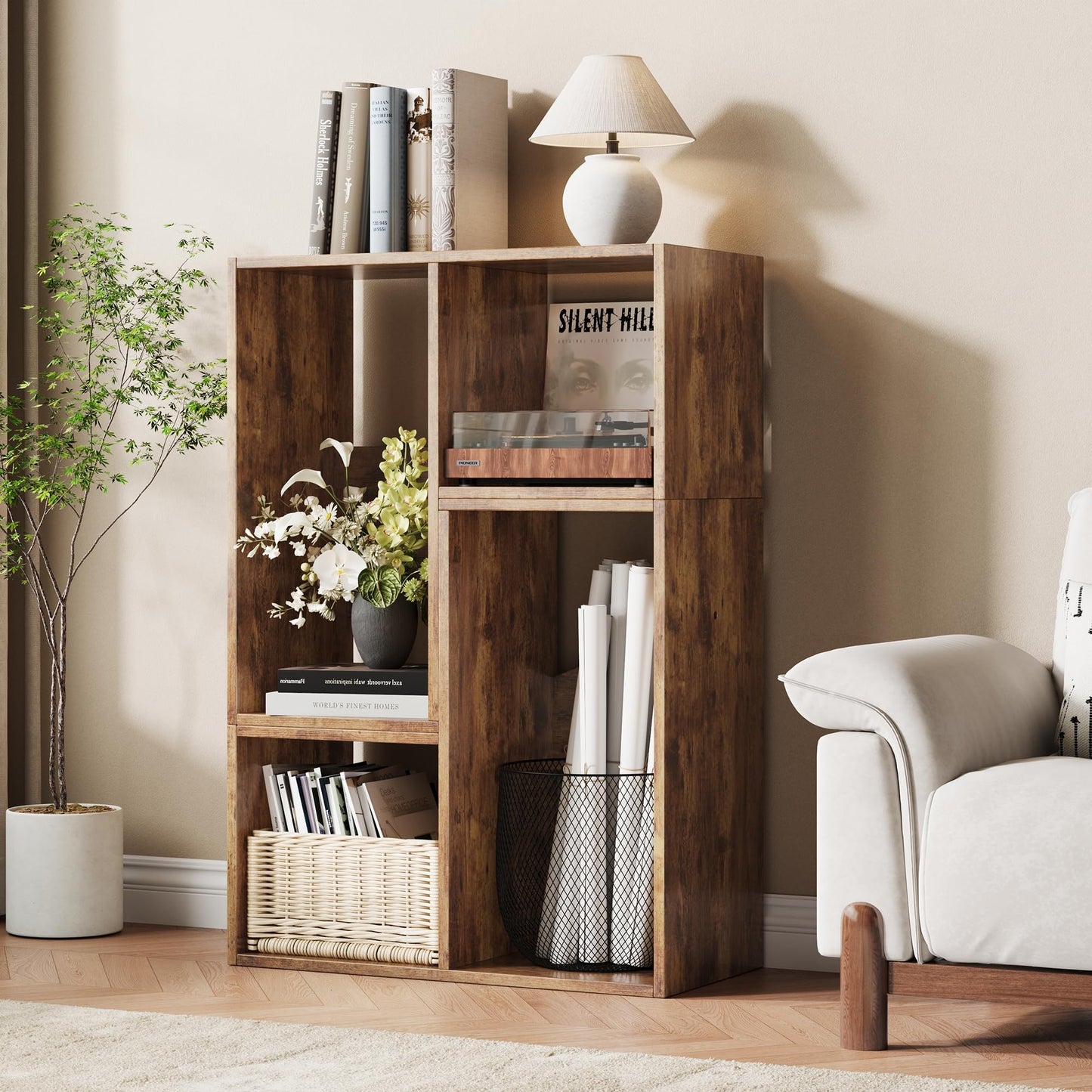 MapleGrace 6 Cube Storage Organizer, Wooden Storage Shelves Bookcase with Back Panels, Stackable Display Bookshelf for Living Room, Bedroom, Study, Hallway, Rustic Brown