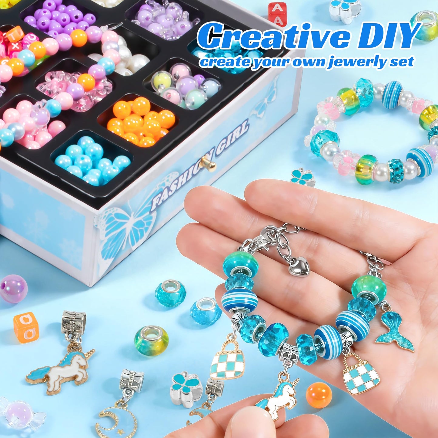 WOANZZ Charm Bracelet Making Kit, DIY Jewelry Making Kits for Girls 8-12, Jewelry Box with Beads Necklace Kit Crafts Birthday for 6 7 8 10 11 12 Year Old Girl, Blue