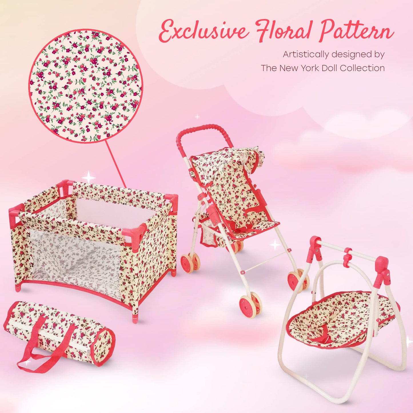 Deluxe Baby Doll Stroller and Crib Furniture Playset, Multi Baby Doll Accessories Set for 18" Dolls, Includes Doll Stroller Swing and Doll Bed Pretend Play for All Dolls - Floral