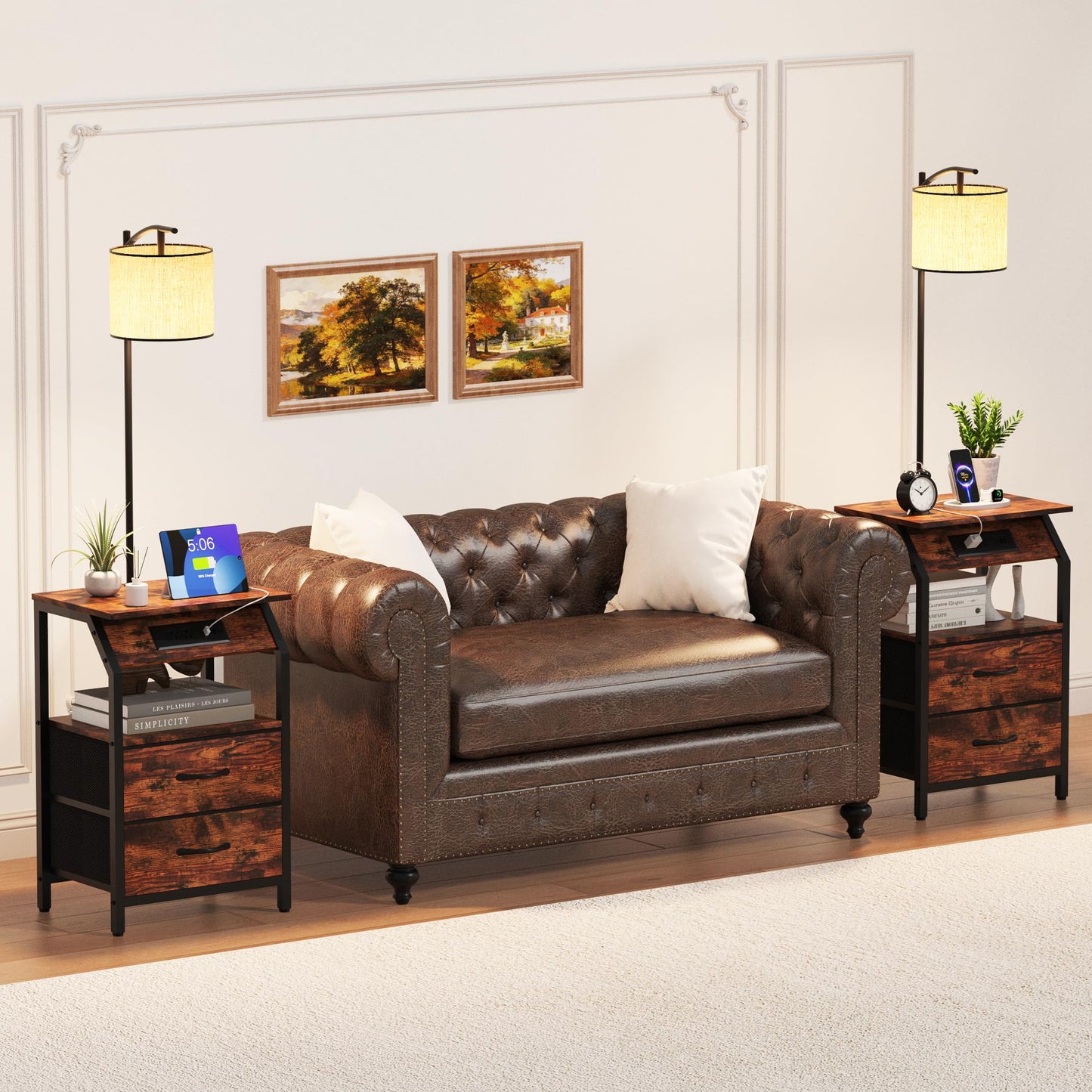 ZHNSYDN End Table with Floor Lamp, Nightstand with Charging Station, Floor Lamp Table with 3-Color Temperature Bulb, Bedside Table Night Stand with 2 Drawers for Bedroom, Living Room, Brown