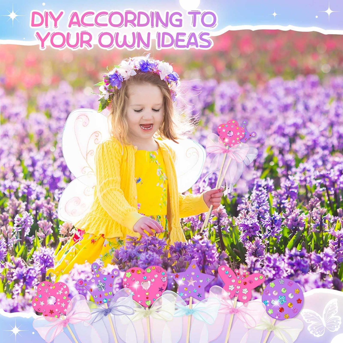 Juexica 48 Pcs DIY Princess Fairy Wands Kit Include Fairy Wands, Gems Stickers, Ribbons, Unfinished Make Your Own Wooden Princess Wand Kit for Birthday Party Supplies Craft Gifts