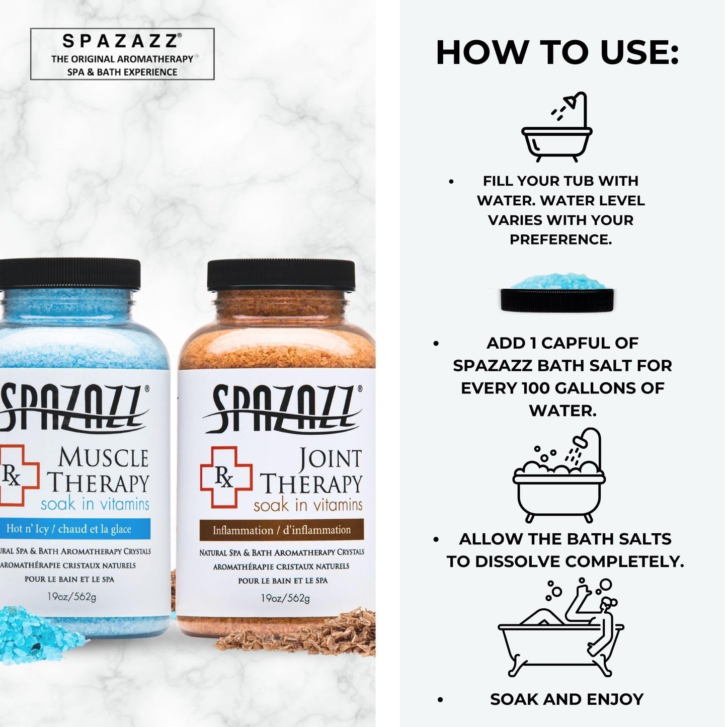 Spazazz Aromatherapy Spa and Bath Salts Crystals RX Therapy Collection 2 Pack Bundle- One 19 Oz Jar Each Spazazz Muscle Therapy and Joint Therapy- Dead Sea Bath Salt Crystals