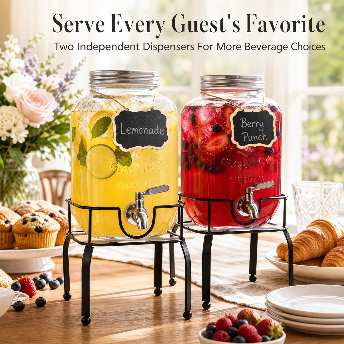 RuileMei 2 Pack1 Gallon Glass Drink Dispensers For Parties,Beverage Dispenser with Stand,304 Stainless Steel Spigot Leakproof,Lemonade Dispenser for Sun Tea, Homemade Juice