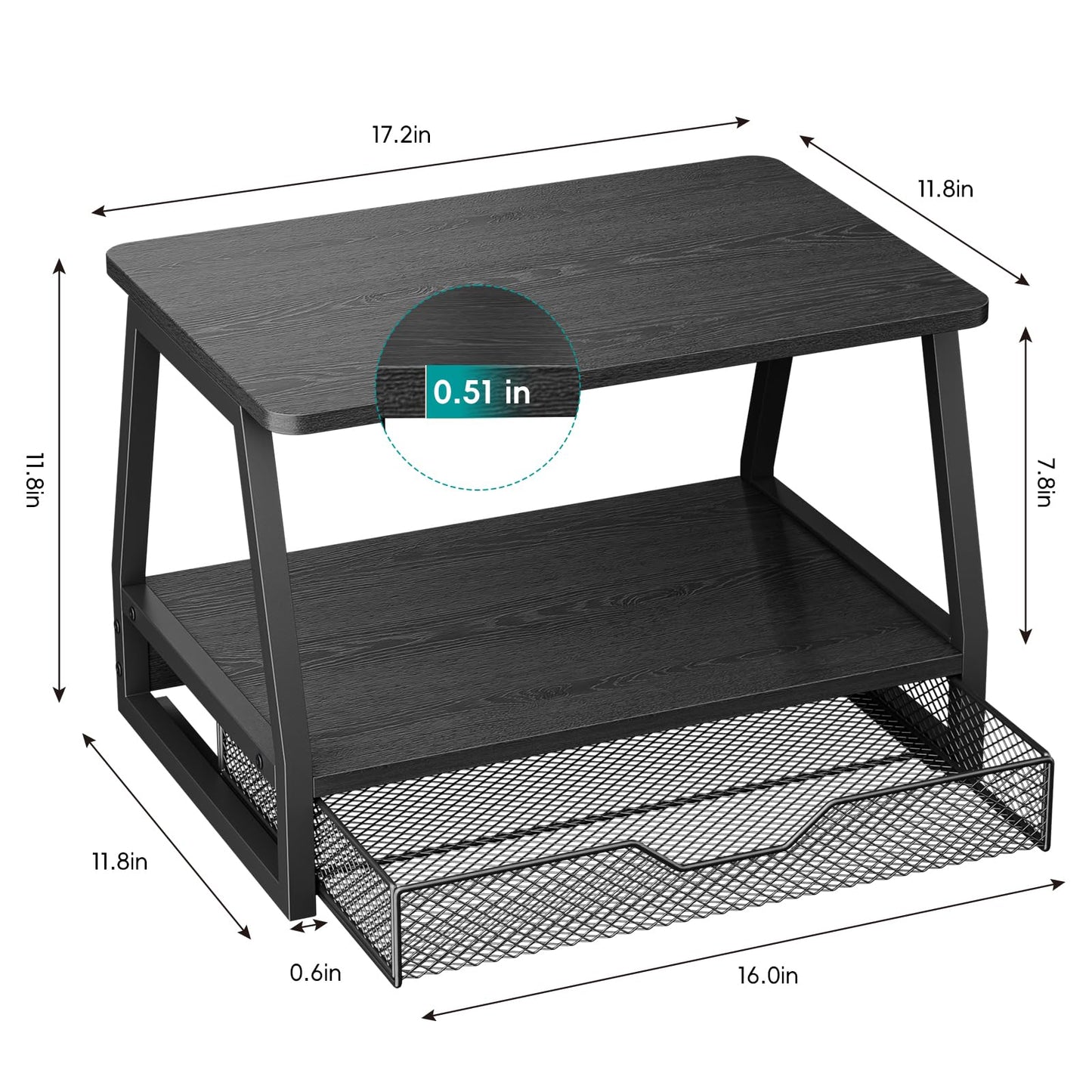 Vfelf 2-Tier Printer Stand with Storage, Desktop Organizer for Printer Paper, Desk Shelf for Office and Home Printers‌ Tables, Black