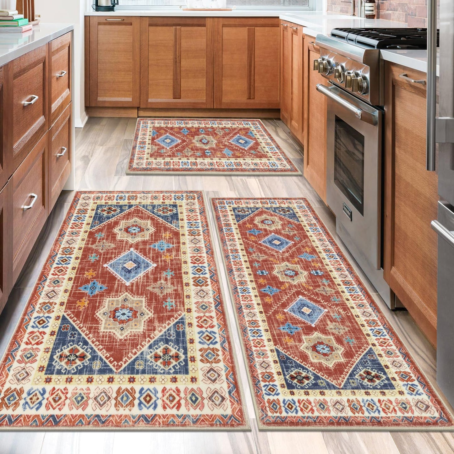 HEBE Boho Kitchen Rug Sets 3 Piece with Runner Non Slip Kitchen Rugs and Mats Washable Kitchen Mats for Floor Thick Kitchen Floor Mat Carpet Runner Rugs for Hallway Laundry Holiday Decor