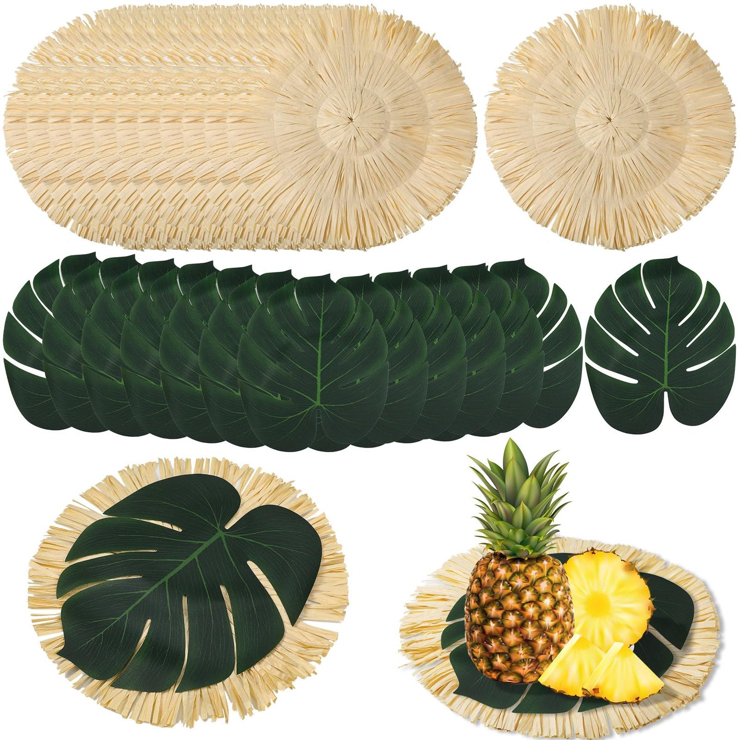 Sunnychicc 24 Pack Luau Placemats and Palm Placemat, Round Luau Fringe Place Mats Tropical Palm Leaf Place Mats Bulk Summer Hawaiian Plate Chargers Table Placemats Tropical Party Supplies