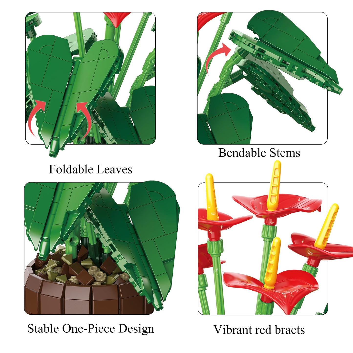Red Anthurium Flowers Building Set with Vase for Adults, Compatible with Lego Botanicals Collection, Cute Potted Plants Desk Office Décor, Creative Flores Gift for Women Girls Teens 14+, 732 PCS