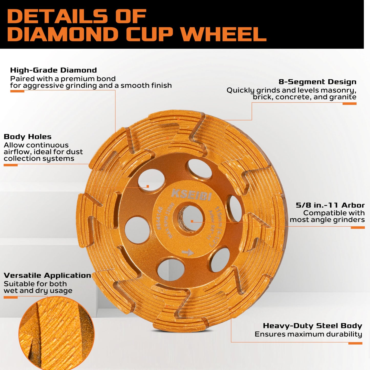 KSEIBI 644146 Surface Grinding Wheels 4-1/2 Inch - Diamond Cup Wheel for Concrete Tools, Angle Grinder Attachments, Extra Coarse Concrete Grinder with Z-Segment and Integrated Flange