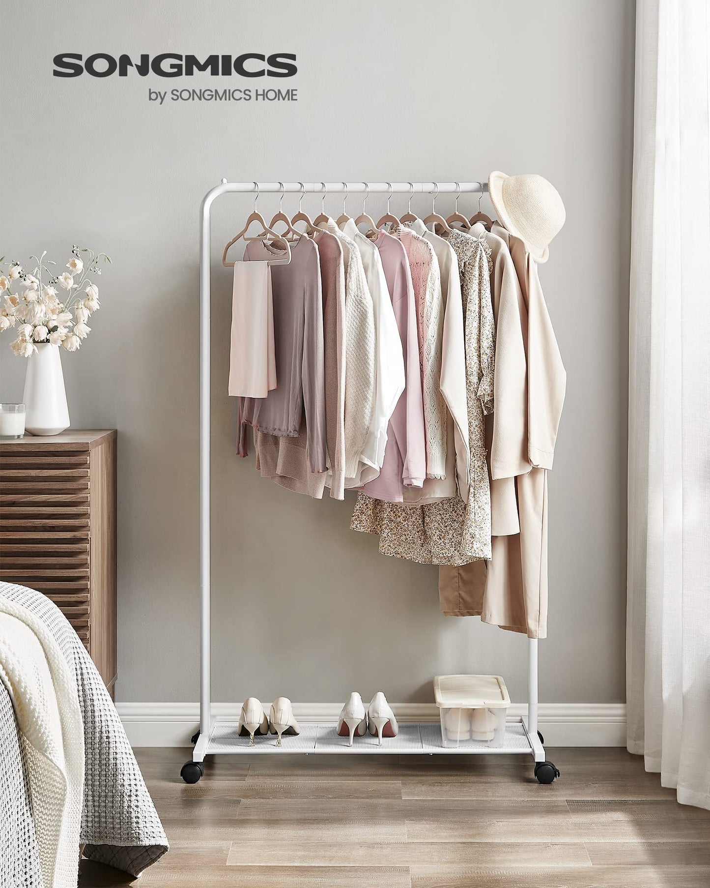 SONGMICS Clothes Rack with Wheels, Clothing Rack for Hanging Clothes, 25.4 mm Metal Garment Rack with Dense Mesh Storage Shelf, 110 lb Load Capacity, 2 Brakes, Cloud White UHSR025W01