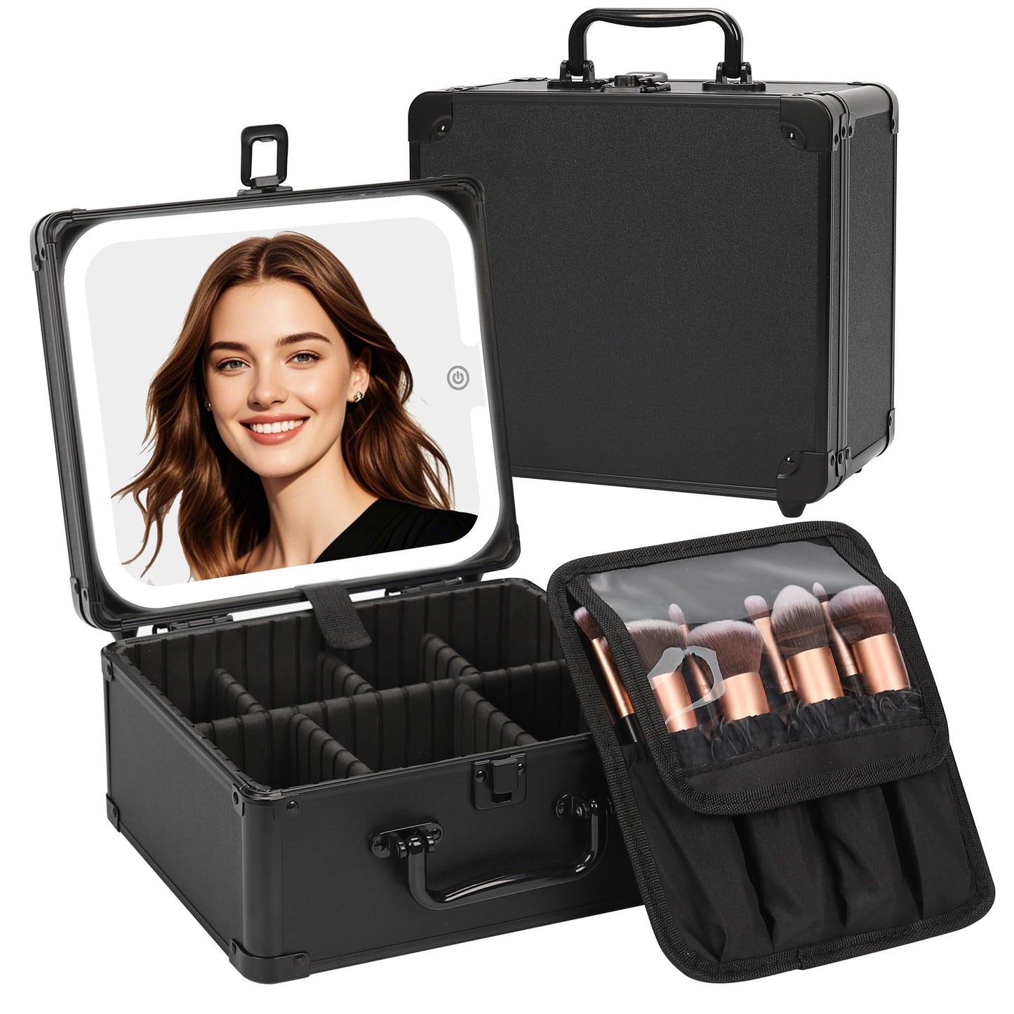 Makeup Box with LED Mirror, Waterproof Travel Train Case, Cosmetic Organizer Bag Portable Aluminum Cosmetic Bag with Adjustable Dividers and Detachable Mirror, Makeup Brush Holder Storage Black