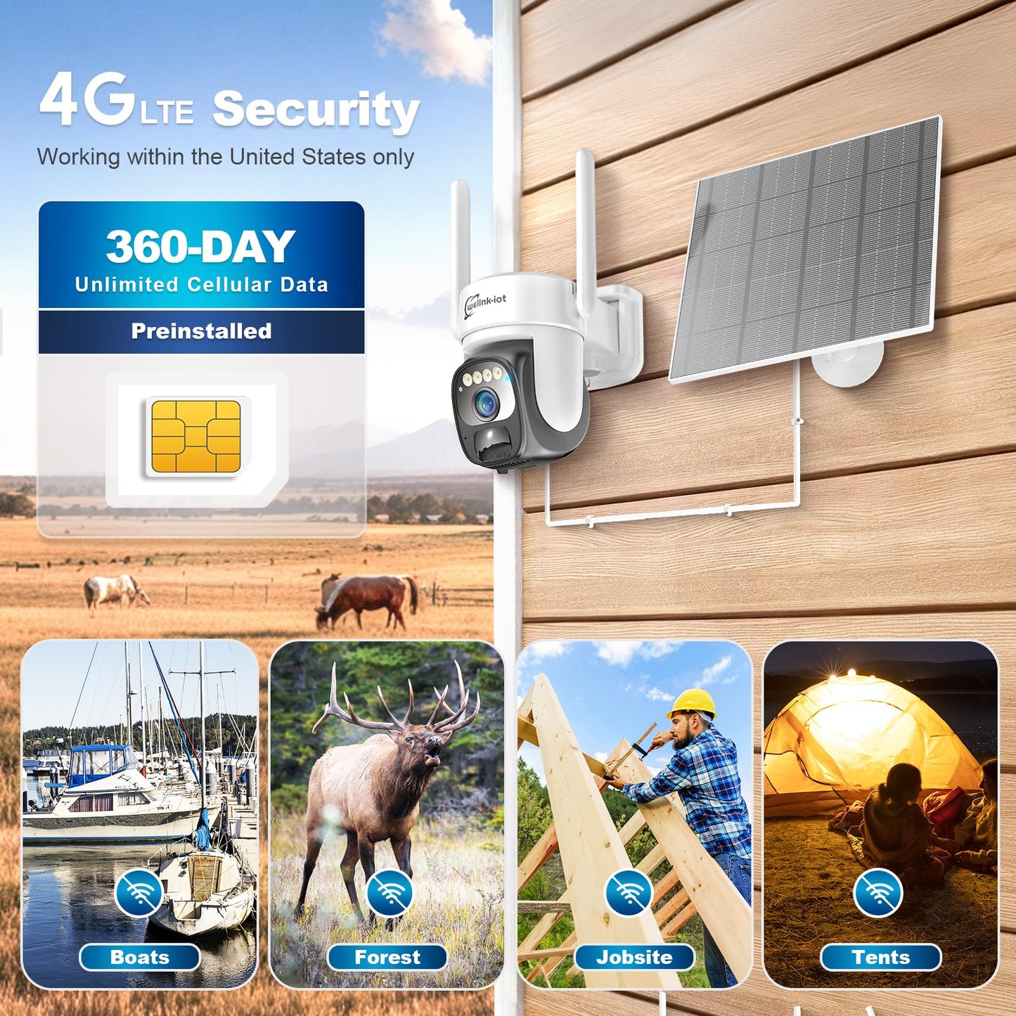 4G LTE Cellular Security Camera Outdoor Wireless with 360-Day Unlimited SIM Data, No WiFi Security Camera Solar Powered, Remote Monitoring, Motion Sensor, Human Tracking, 360° Viewing, Dual Storage