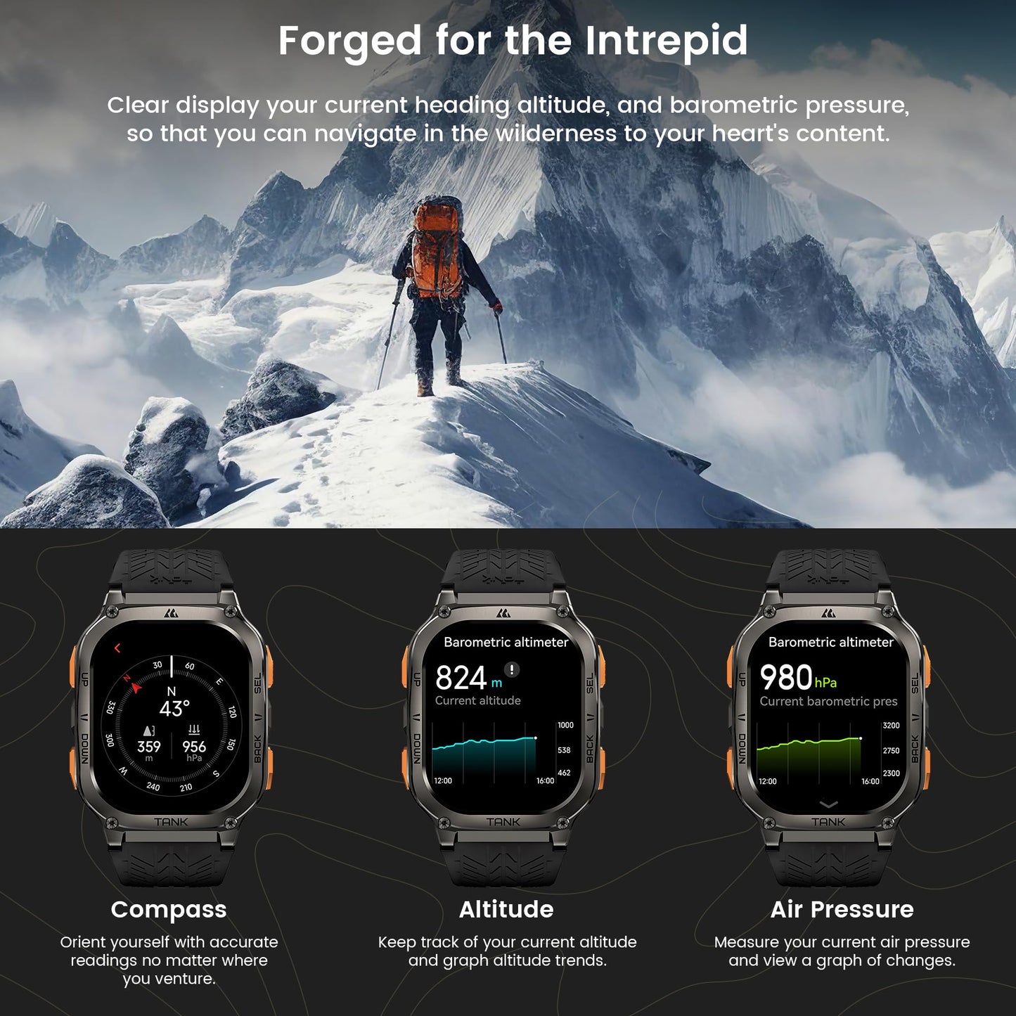 KOSPET Tank M3 Ultra Smart Watch with GPS, 50M Waterproof, Compass, Altitude, Air Pressure, 480mAh Extra Large Battery, Full Stainless Steel, Bluetooth Call, 1.96'' AMOLED Always-on Display, AI Voice