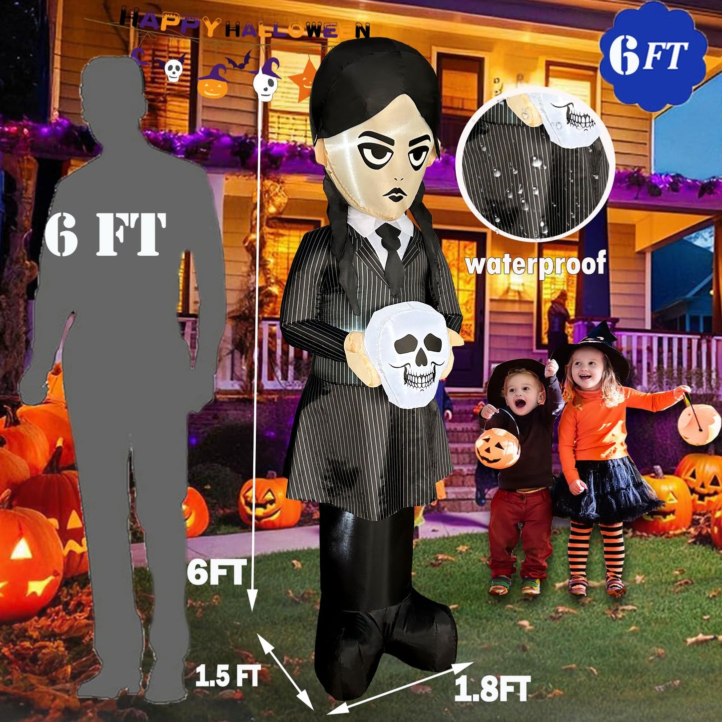 JOYEASE 6 FT Halloween Inflatables School Uniform Witch Decoration, Blow Up Yard Decor Halloween Yard Inflatables Build-in LED Lights for Holiday Lawn Party Garden