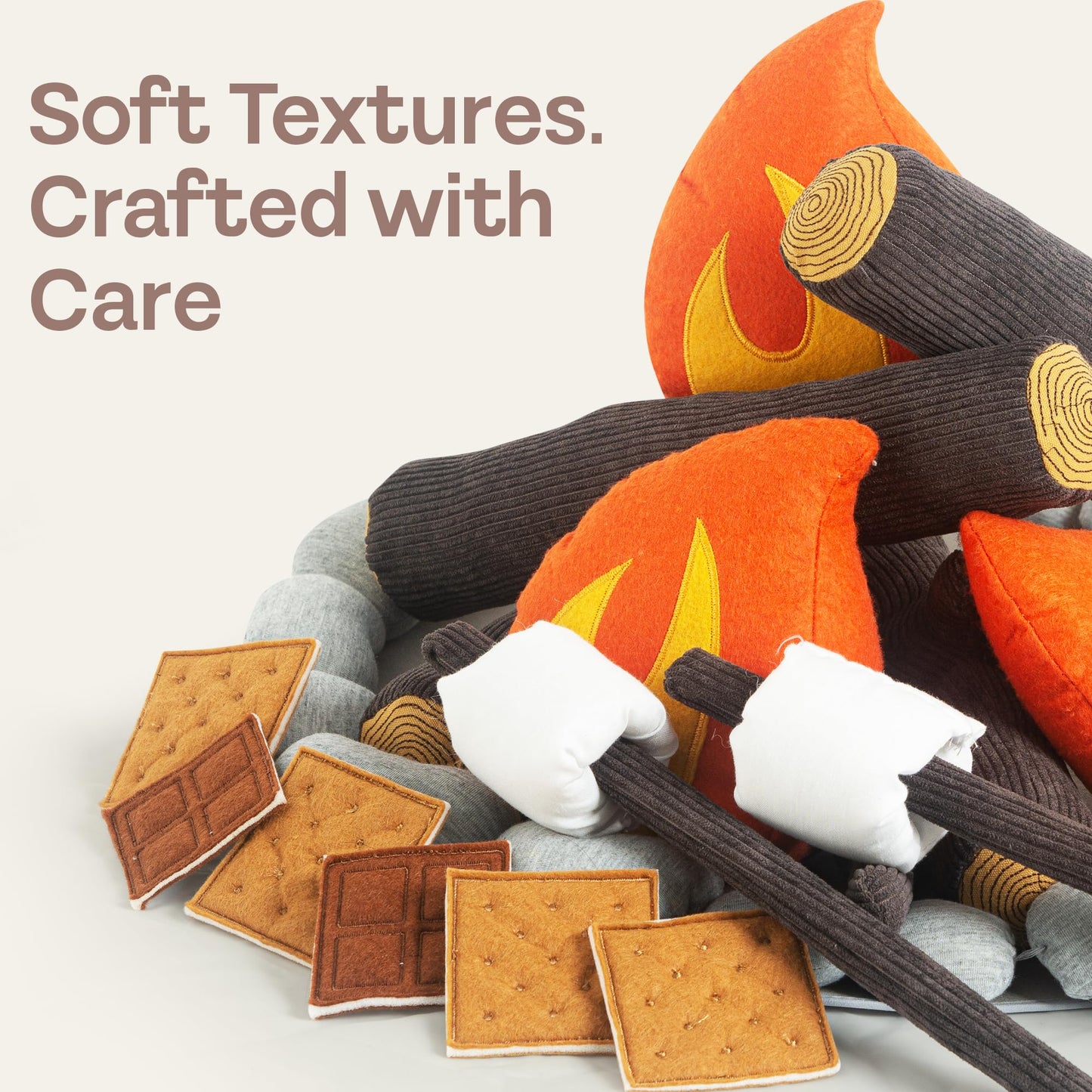 Pretend Campfire Set for Kids with S'Mores Kit & Wood Log Pillow. Soft, Safe & Durable Toy Campfire for Pretend Play & Sensory Play. Plush Felt Kids Campfire Playset for Age 3+