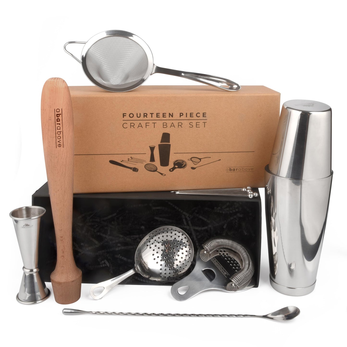 A Bar Above 14-Piece Stainless Steel Bartender Kit, Premium Professional Barware Set for Home Bars and Mixologists, Includes Cocktail Shaker, Jigger, Spoon, Strainers, Muddler, Picks, and More
