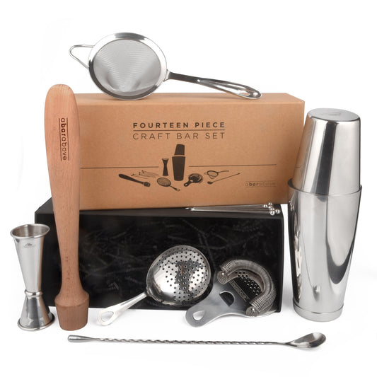A Bar Above 14-Piece Stainless Steel Bartender Kit, Premium Professional Barware Set for Home Bars and Mixologists, Includes Cocktail Shaker, Jigger, Spoon, Strainers, Muddler, Picks, and More