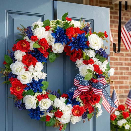 BLOSMON 4th of July Patriotic Wreath: Front Door 24 Inch Red White and Blue Wreaths 250 Anniversary USA Outdoor Decorations - Fourth of July America Summer Wreath with Hanger for Home Party Gift