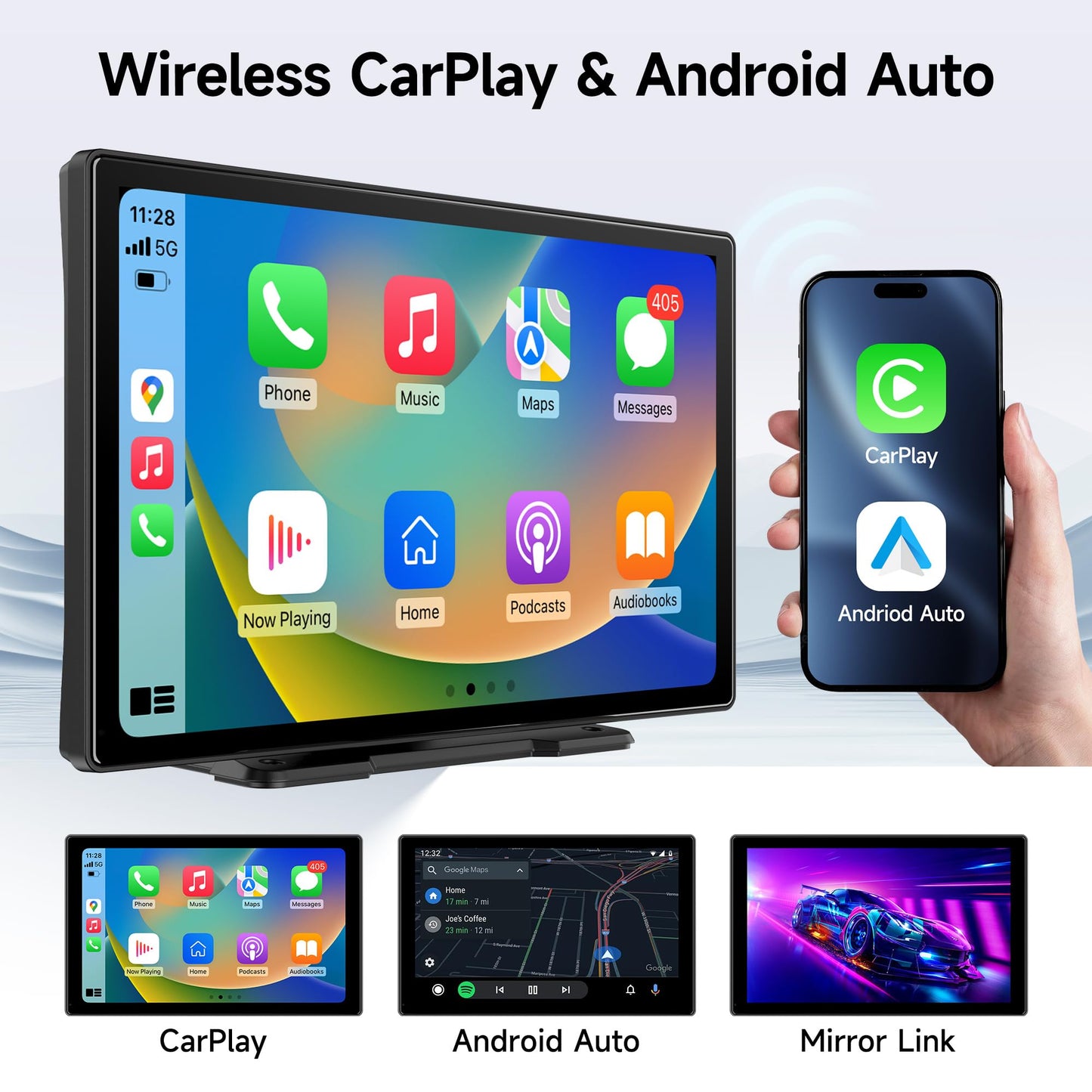 Wireless CarPlay Screen for Car, 9" Portable CarPlay & Android Auto Car Stereo Touchscreen, with 4K Dash Cam 1080P Rear Camera, Bluetooth, GPS Navigation, FM, Siri, Mirror Link