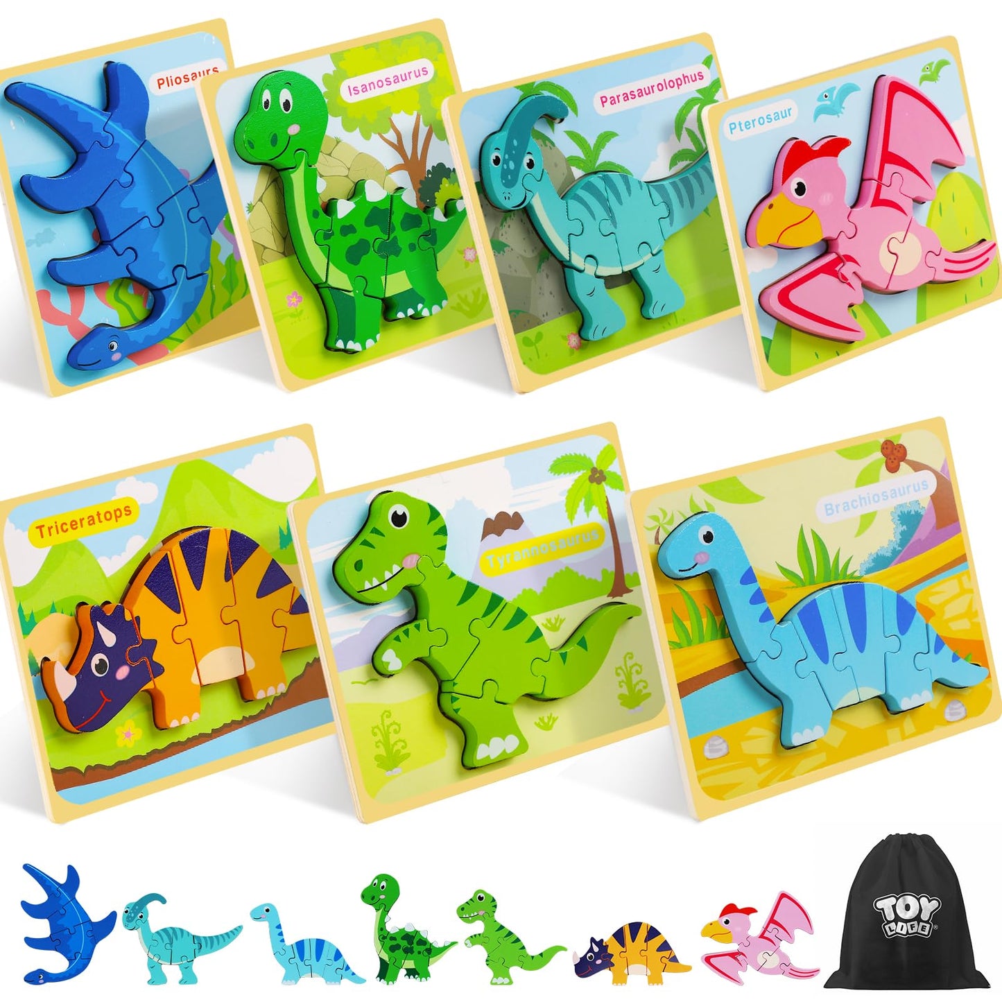 SWEYOGURT Toy Life Wooden Puzzles for Toddlers 1-3, 7 Pack Dinosaur Baby Puzzle for Kid Age 1-3, Dinosaur Toys for Kids, Montessori Toys for Kids Birthday Gifts for 1 2 3 + Year Old Boys Girls