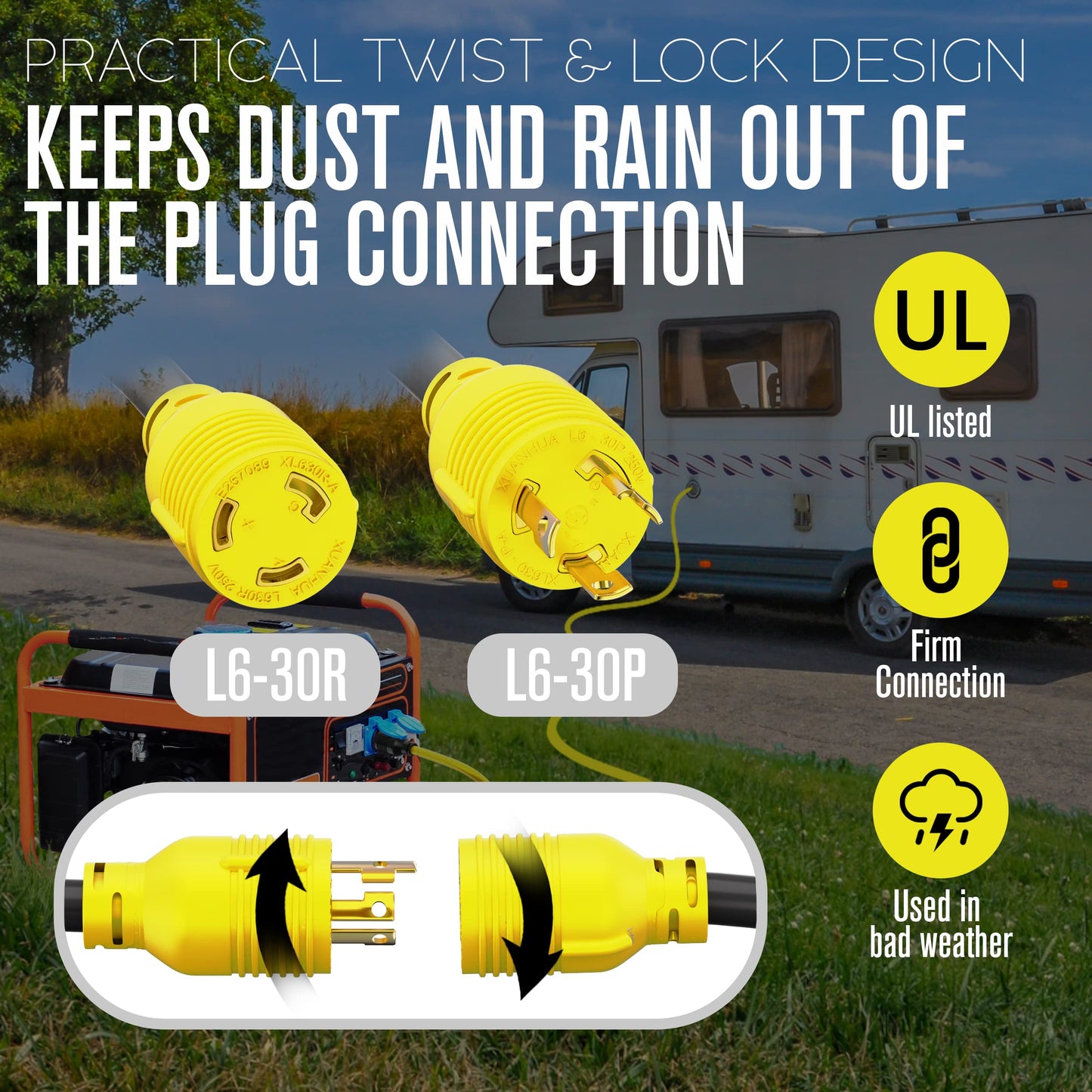 Houseables 30 Amp Generator Cord, L6-30 Extension Cord, L6-30R, L6-30P, Generator Cable, 3 Prong, 250V Extension, 30amp, NEMA, Twist Lock, Power Cable, House, RV, Heavy Duty, 10 Gauge, 250 Volt, 25 FT