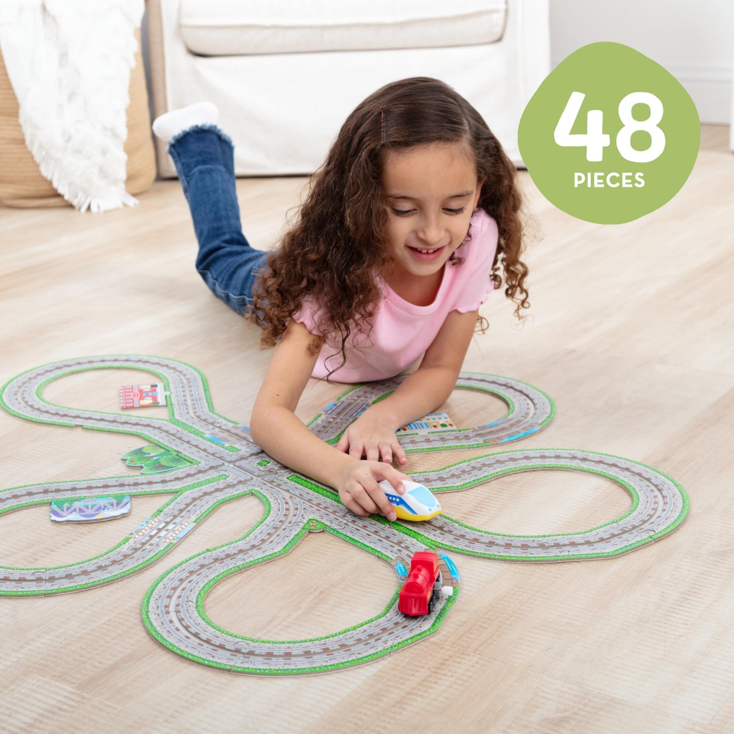 Melissa & Doug Design Your Own Railroad 48-Piece Floor Puzzle with 2 Wind-up Toy Trains and Interchangeable Scenery, Kids Puzzles with Preschool Toys for Girls & Boys Ages 4 and Up - FSC Certified