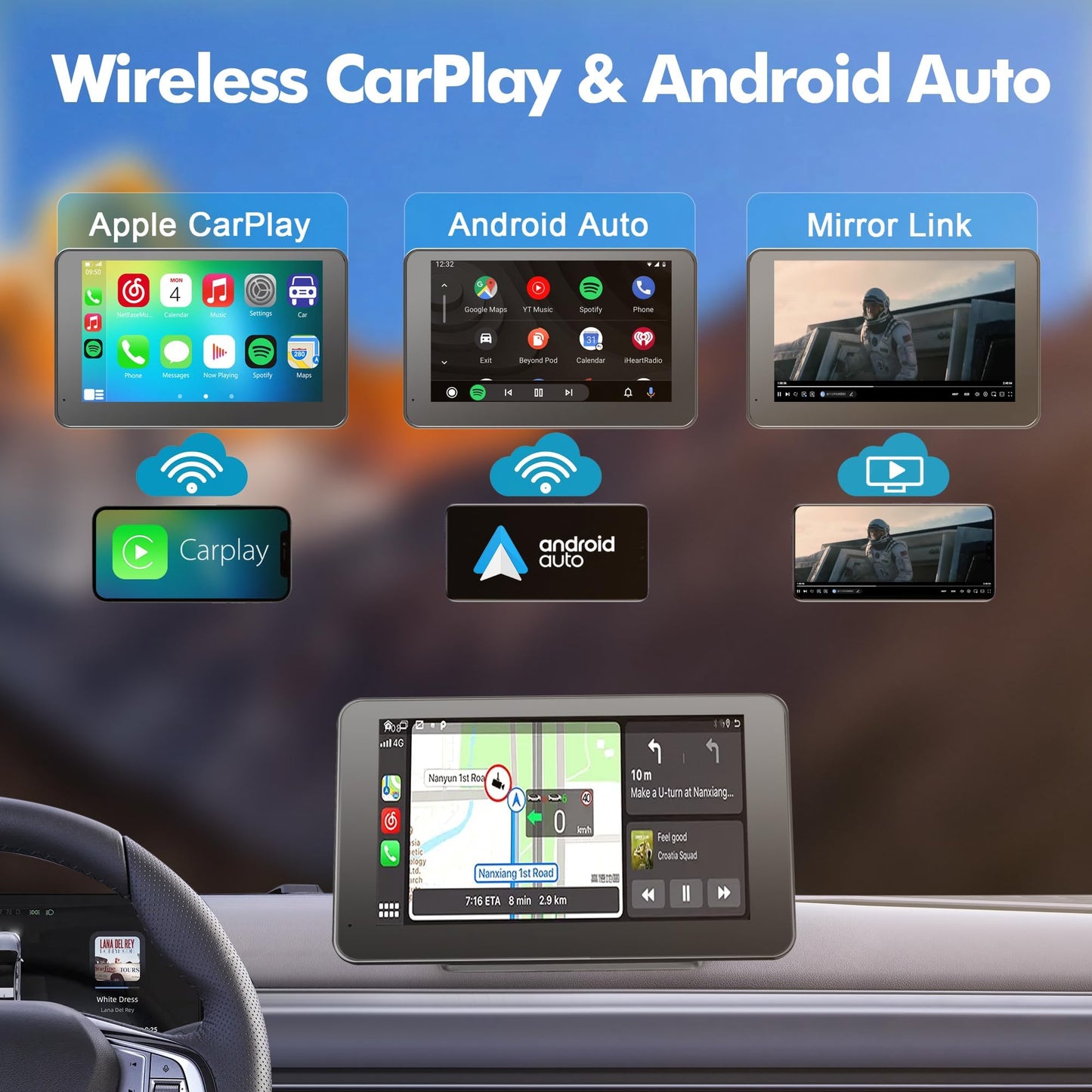 【Hieha】 2024 Newest Wireless Portable Carplay and Android Auto, Carplay Screen for Car with Mirror Link/AUX/FM,7" Touchscreen Bluetooth 5.0, Potable Car Stereo with，car Accessories