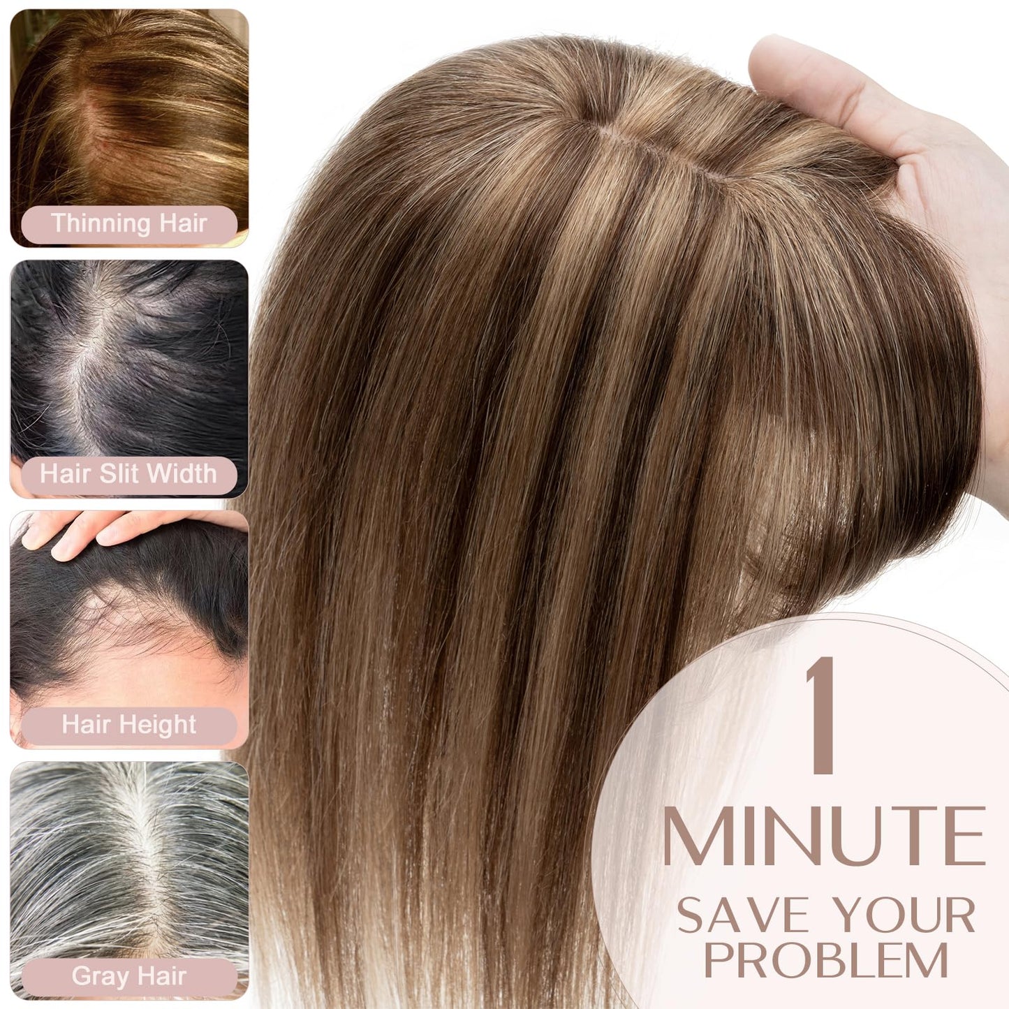 SEGO Pro Human Hair Topper with Bangs Hair Toppers for Women Real Human Hair Toppers Hair Pieces for Women Human Hair Toppers for Thin Hair 6 Inch #4P27 Chocolate Brown Mixed Light Brown