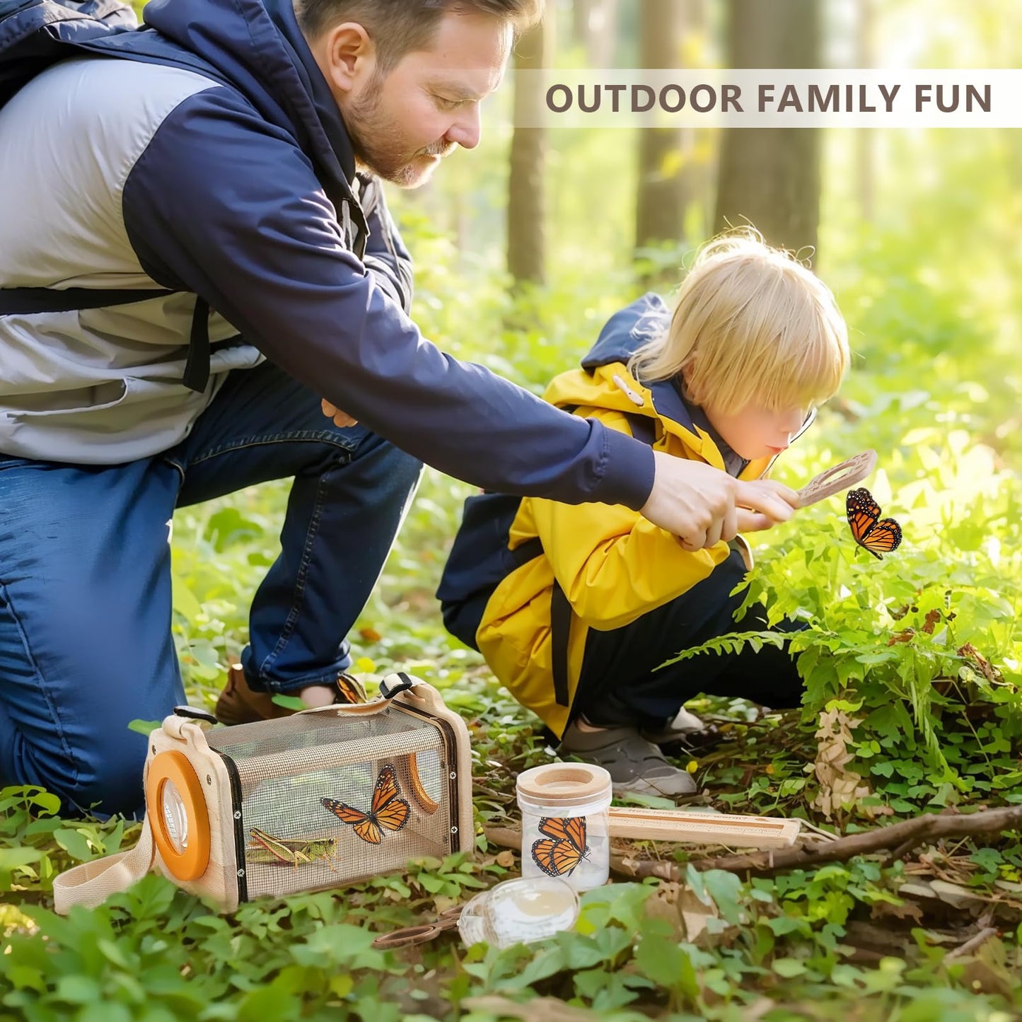 Macabaka Wooden Bug Catcher for Kids, 8-in-1 Insect Exploration Set with Butterfly Net, Magnifying Glass, Bug Habitat, Tweezers, Compass,Outside Toys for Toddlers
