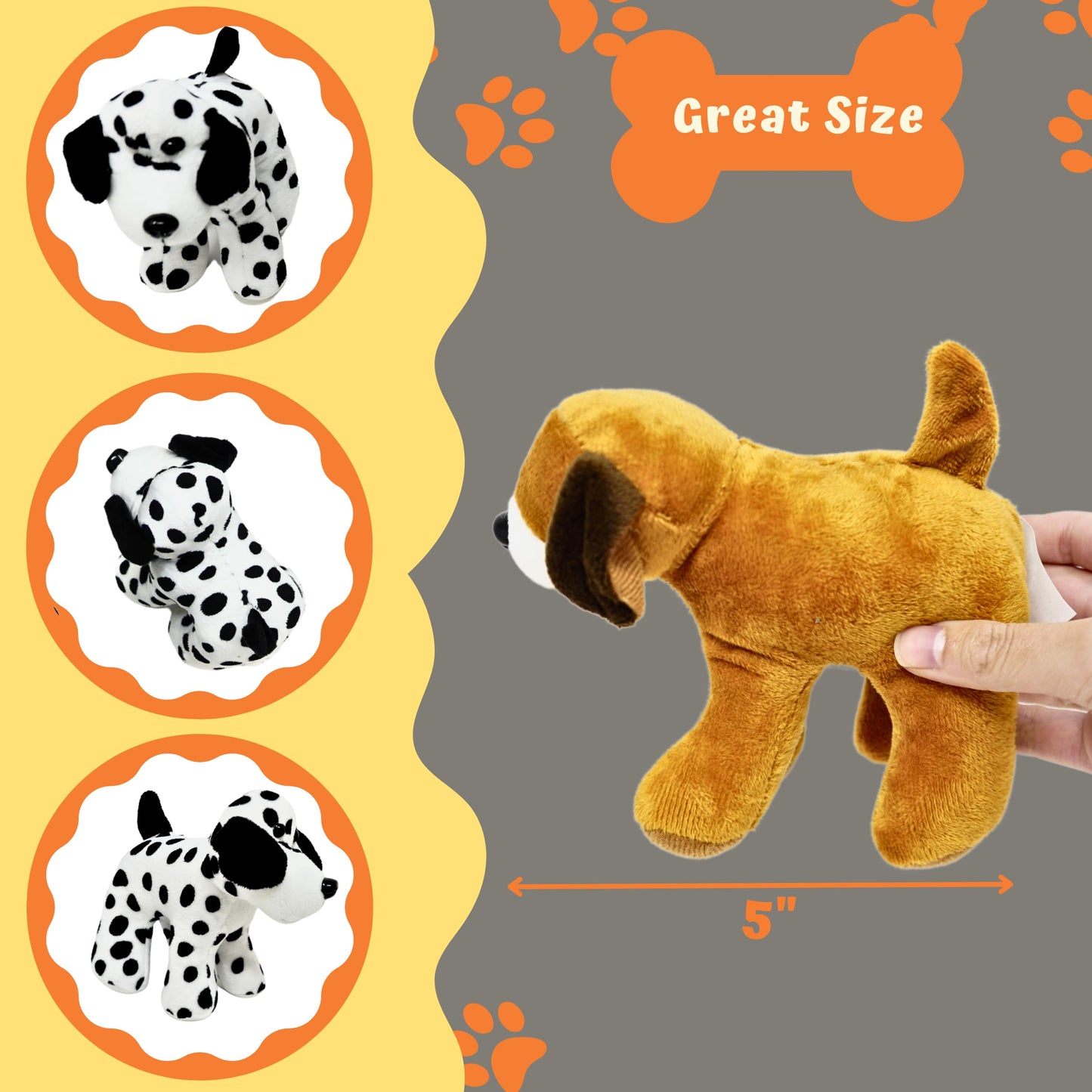 Plush Dogs Animals (12 Pack) Assorted Stuffed Puppies - 5 Inches, Small Plushed Animals, 6 Designs - For Birthday Party Favors Gifts for Kids By 4E's Novelty