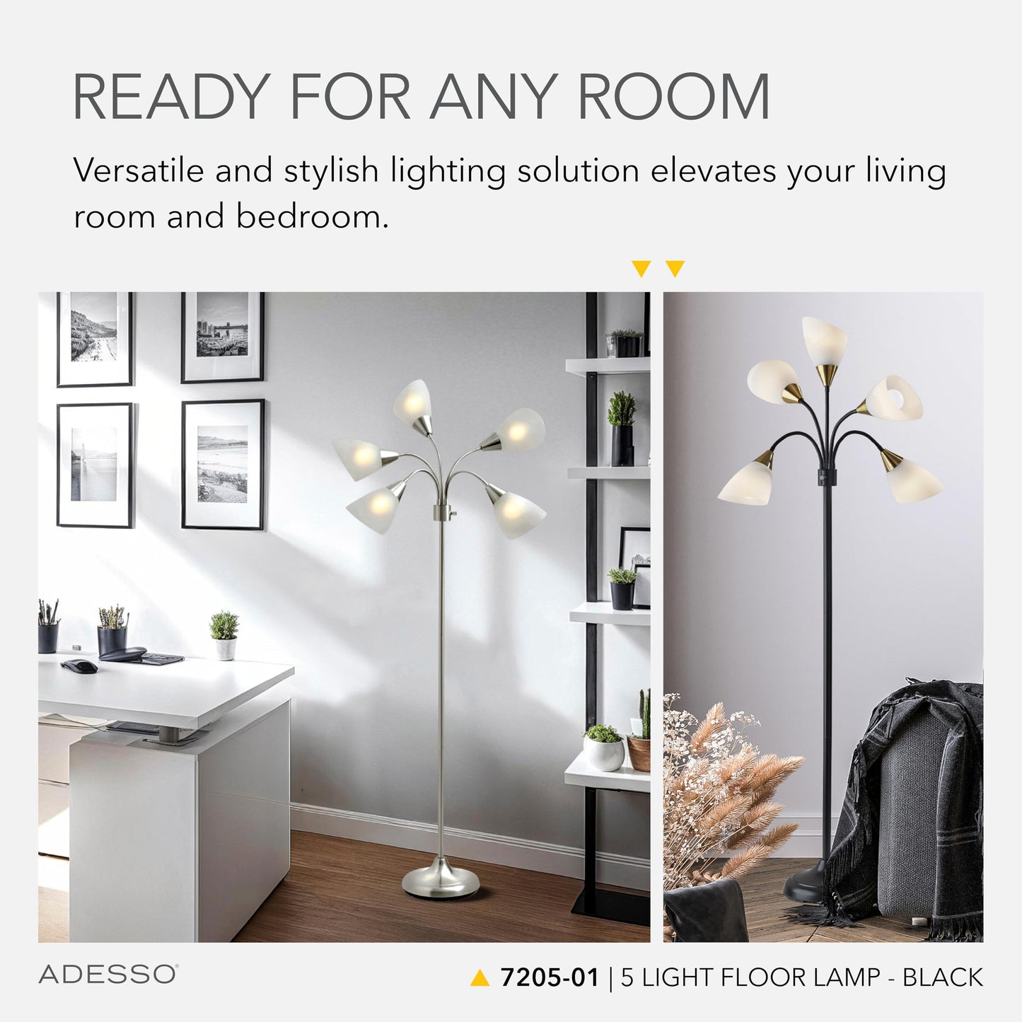Adesso Floor Lamp with 5 Movable Shades & Adjustable Brightness – Perfect Lighting for Bedroom Decor, Beauty & Art Studio, Black