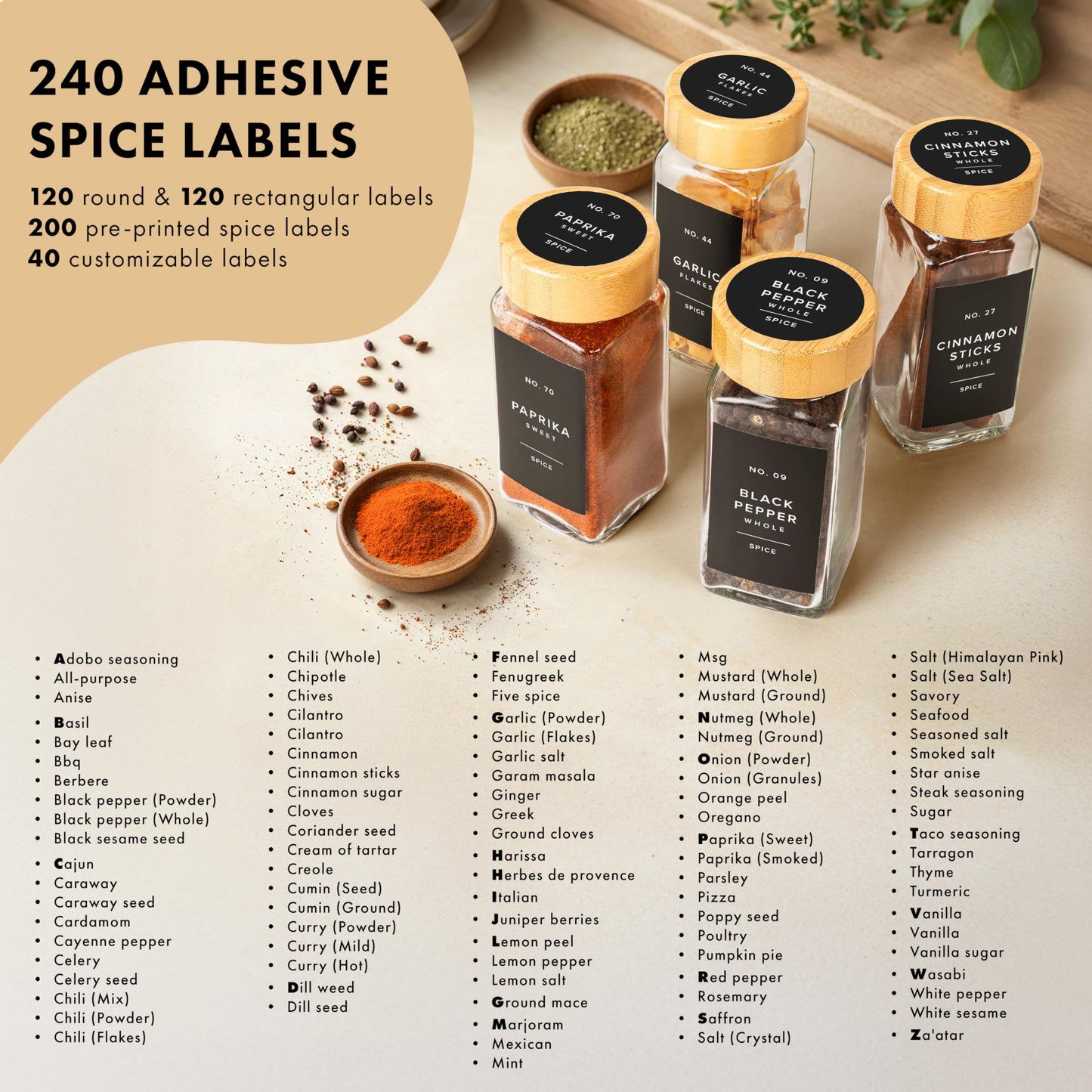 EDELHAUS® Square Spice Jars with Bamboo Wooden Lid (Pack of 24) Spice Jars with Shaker Insert and 240 Labels - Bamboo Lid Glass Container for Spice Organisation [4.3 in × 1.8 in]