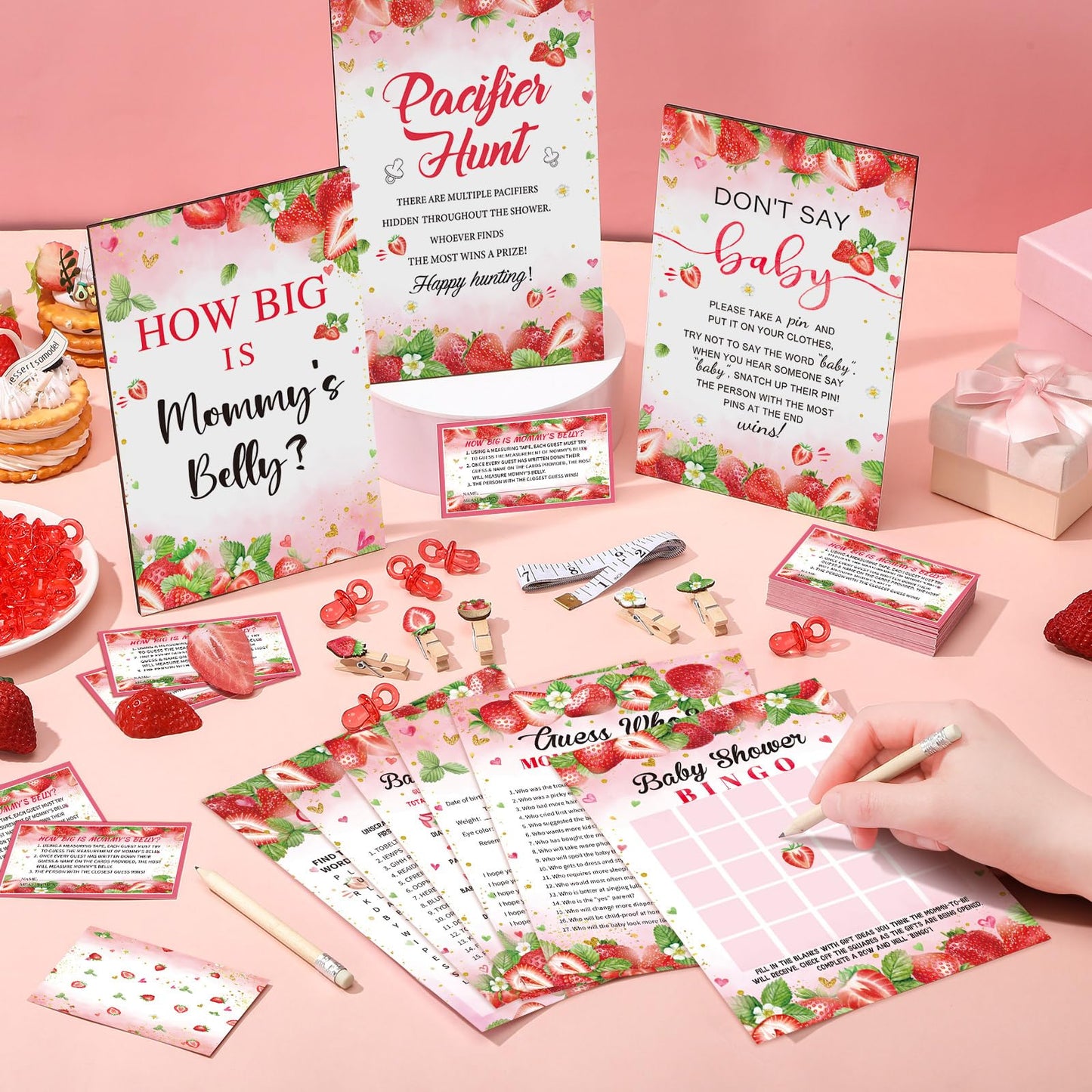 Sherr 476 Pcs Strawberry Baby Shower Games 6 Sets Activities Cards Pacifier Hunt Game 50 Pacifiers How Big is Mommy's Belly Sign 50 Guessing Cards 2 Measuring Tape Don't Say Baby Sign 50 Clothespin