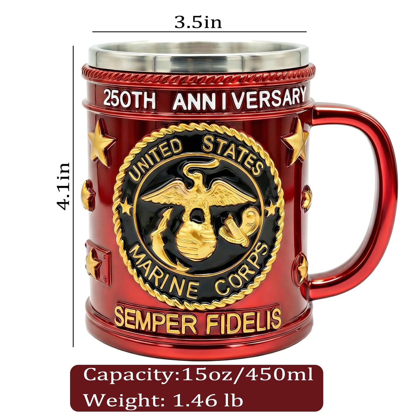 FEIOOD Metal Heavy Marine Corps Coffee Mug, USMC Anniversary 15oz Mug, Stainless Steel Army Mug, Veteran Gift & Military Collectible