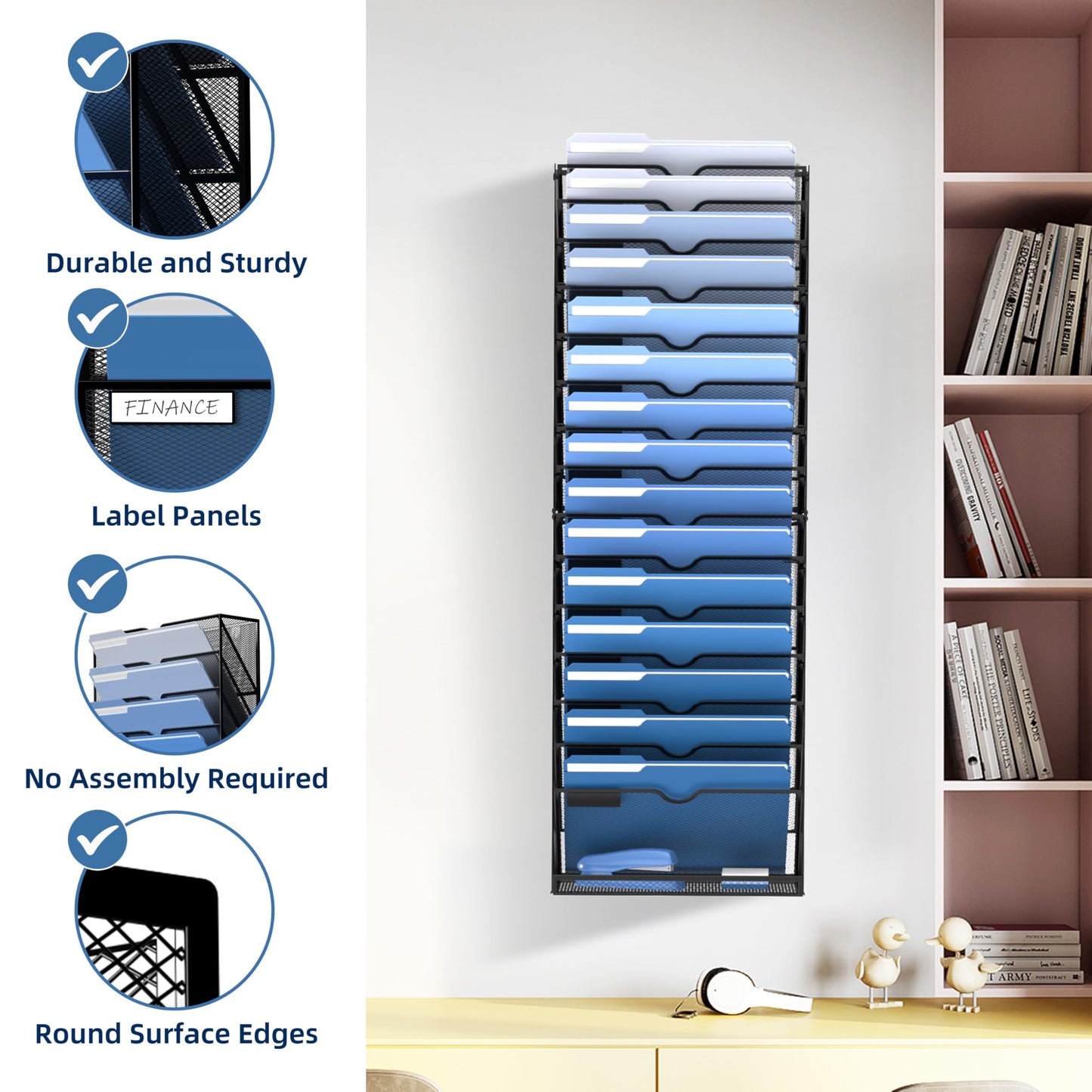DALTACK Wall File Holder 16 Tier Hanging Wall File Organizer, for Papers Mails Folders Clipboard Magazine Organization for Office Home School Classroom, Mesh Metal, Assembly Needed, Black