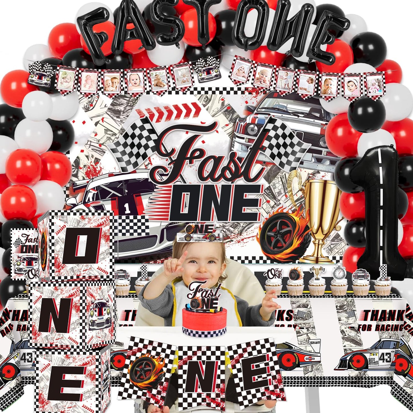 LXlucktim Fast One Birthday Decorations, 125 Pcs Race Car First 1st Birthday Party Supplies for Boys Baby - Banner, Cake Toppers, Balloons, Tablecloth, Centerpieces, Crown, Poster, Baby Boxes