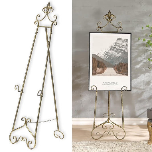 CaliDecor 60” H Vintage Easel Stand for Sign, Large Adjustable Metal Display Standing for Displaying Pictures Wedding Poster Holder Showcasing with Chain Support