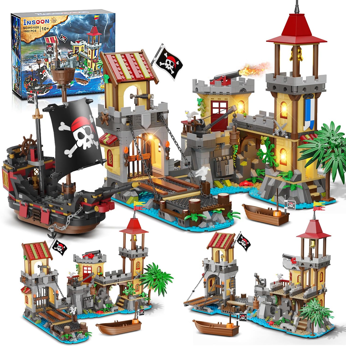 INSOON Pirate Castle Building Set with Light, 3 Modes Big Pirates Ship Bay Building Block 1502 PCS, Medieval Pirate Wharf House Construction Model Toy Home Decor for Adults Teens Boys Girls 10+