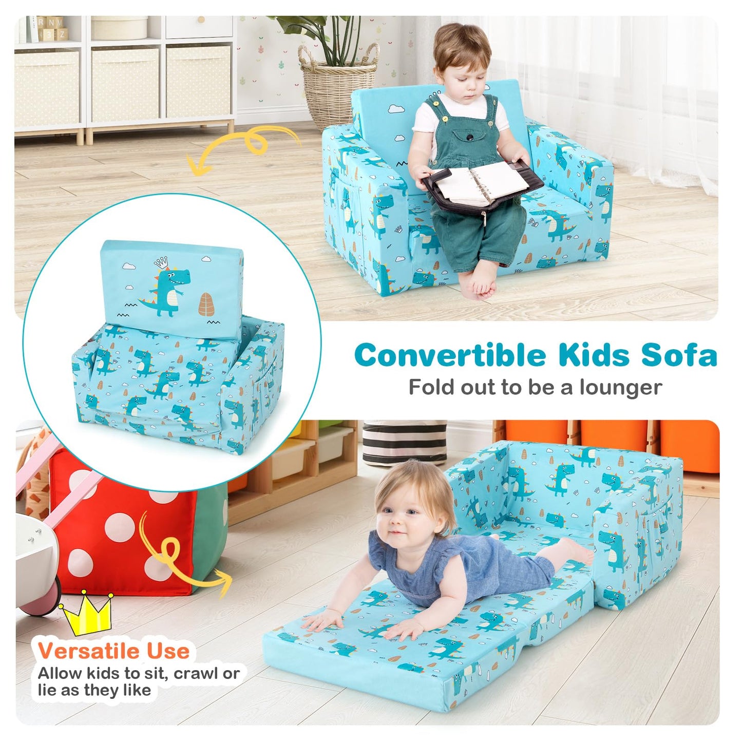 Costzon Kids Couch, 2 in 1 Flip Open Children's Sofa w/Velvet Fabric, Storage Pockets, Toddler Armrest Chair Bed for Nap Play Sleep, Ideal Gift for 0-4 Years Old Baby Boys Girls, Crocodile